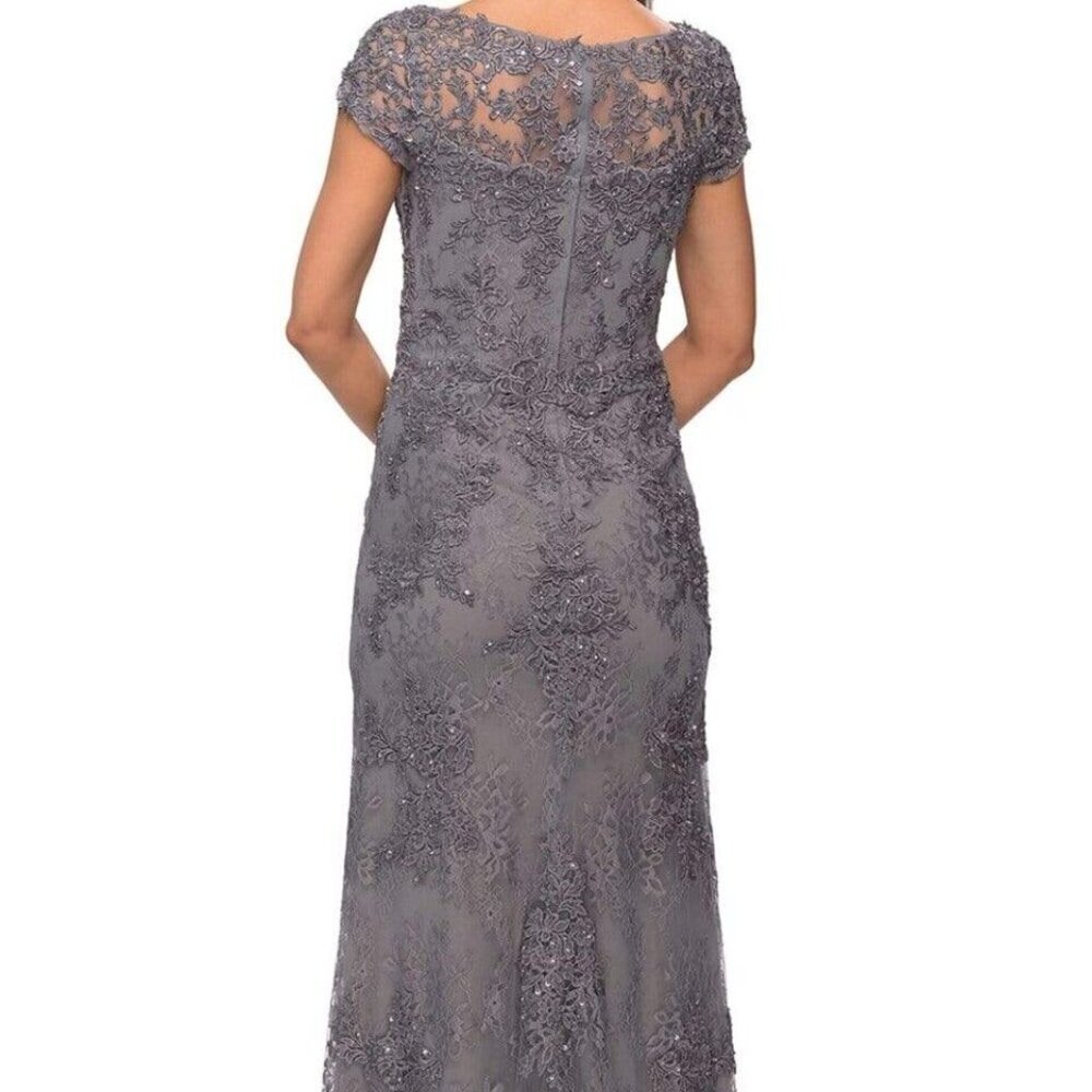La Femme Dark Platinum Embroidered Beaded Lace Sheath Gown - Picture 3 of 4
